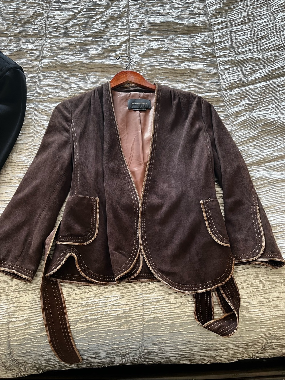 BCBGMaxAzria Brown Suede Open-Front Blazer with Belt